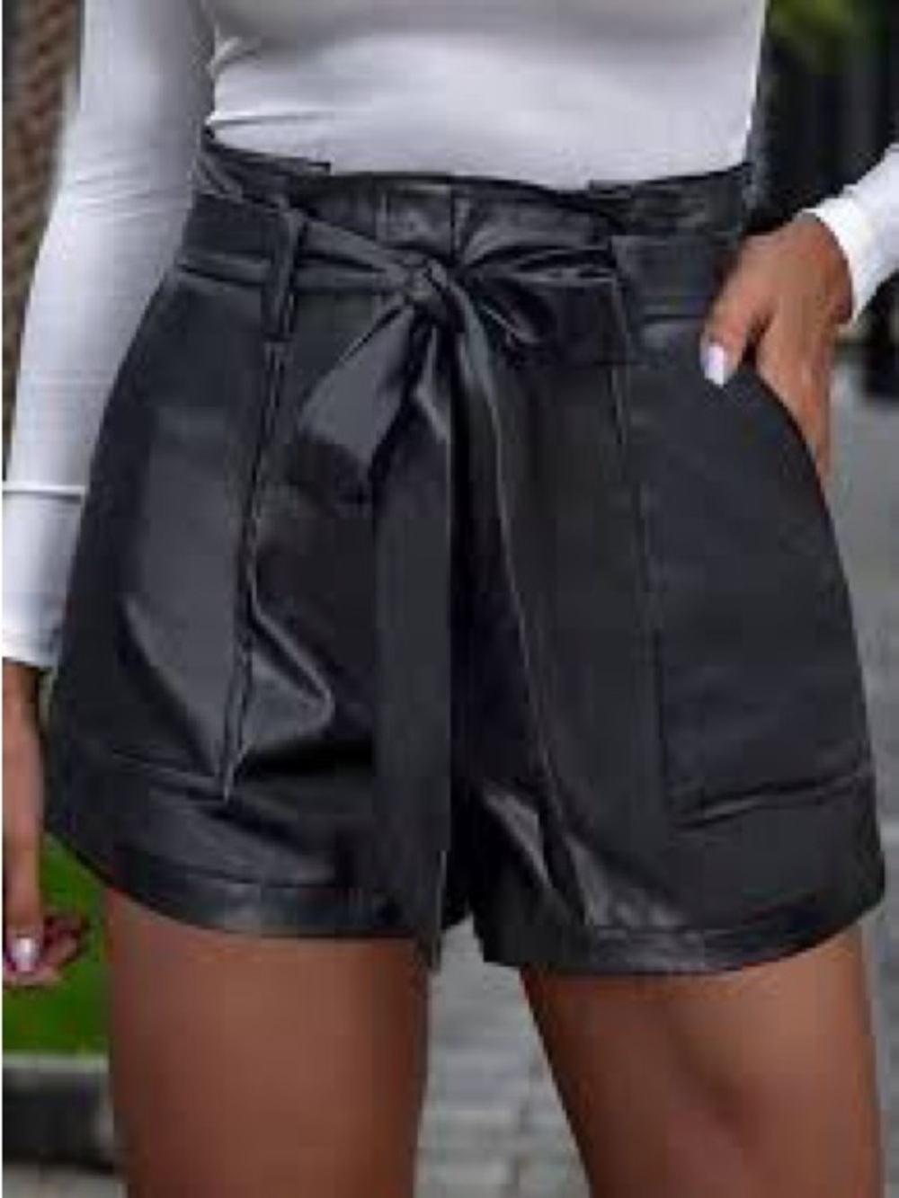 Mustard Seed Black High-Rise Faux Leather Tie-Waist Shorts